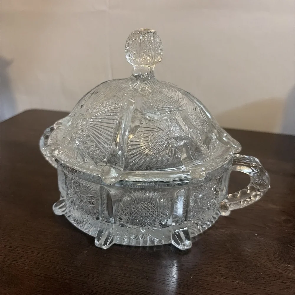 Antique Higbee Panelled Thistle Domed Round Covered Butter Dish Glass Bee UV Glo